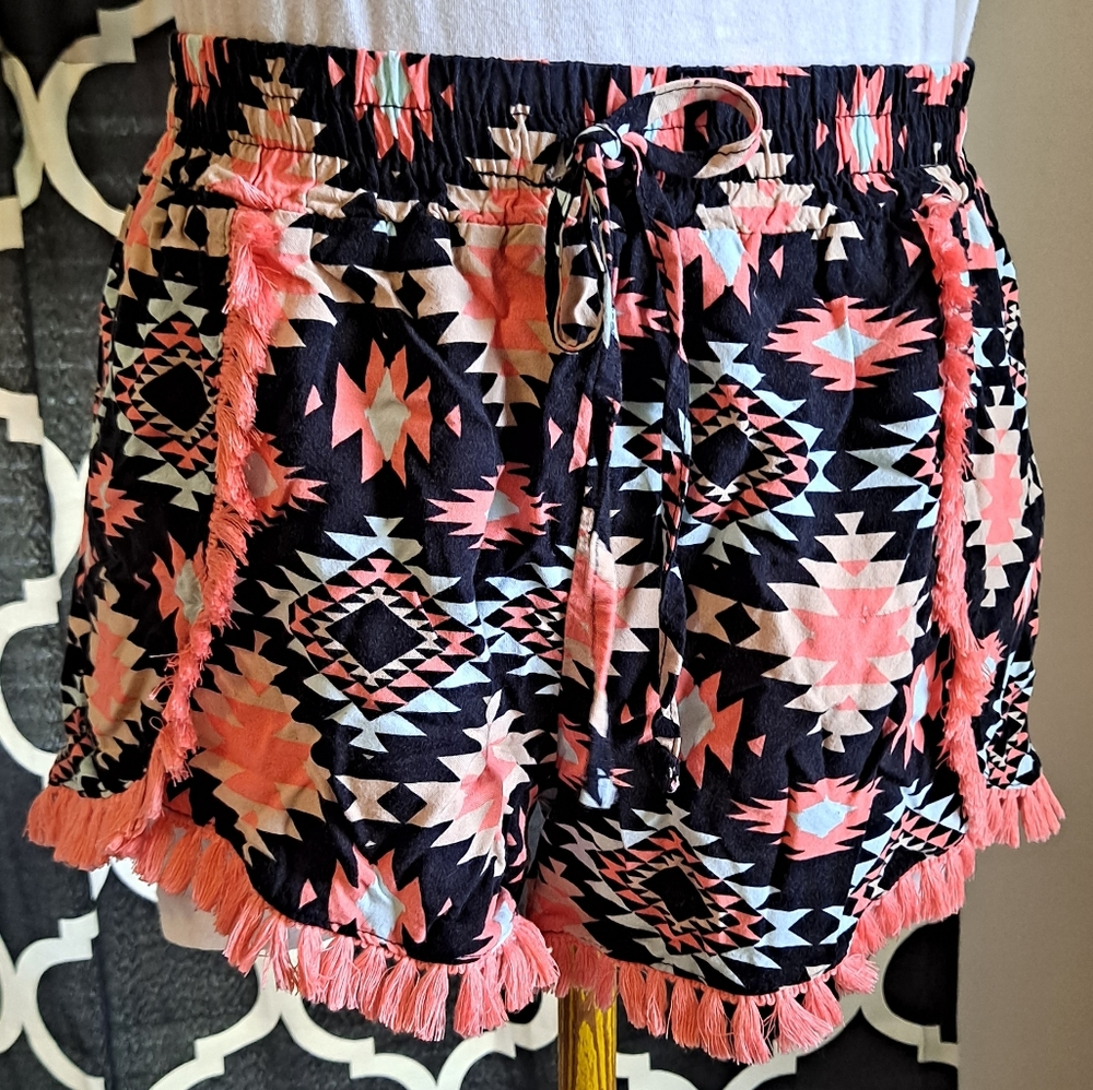 Rue 21 Shorts Coral, Teal, Navy with Tassles Tie and Stretch Waistband Medium
